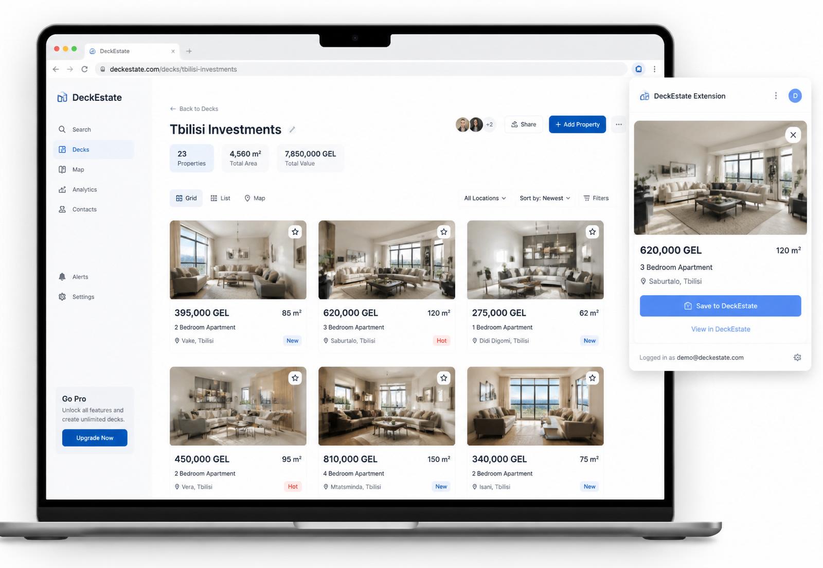 DeckEstate dashboard with property collection and Chrome extension
